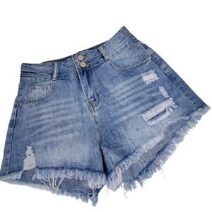 Blue Distressed Cut Off Jean Shorts High Waist 2 Button Size Medium NEW